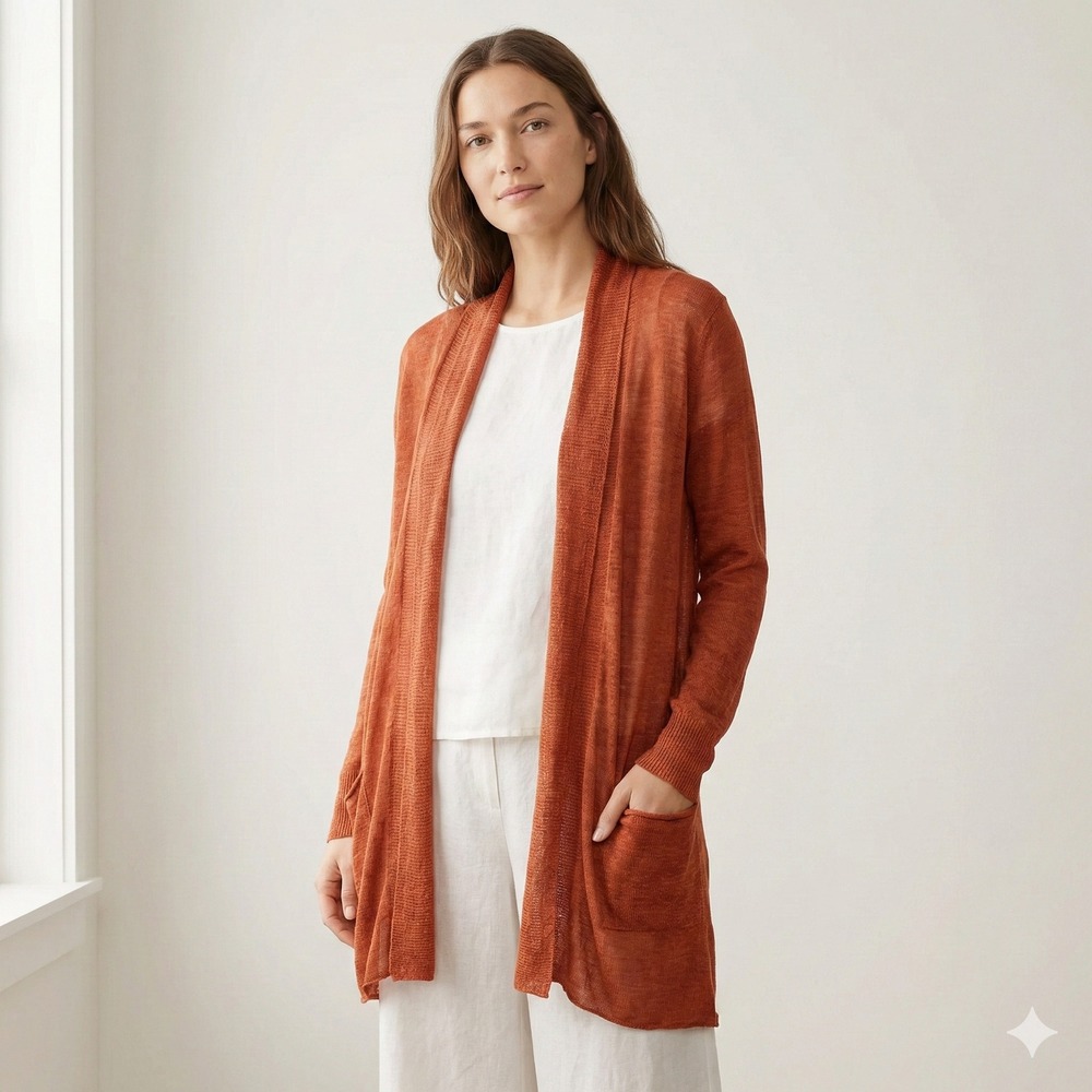 Eileen‎ Fisher 100% Linen Cardigan Sweater Womens MP xPetite Medium Burnt Orange